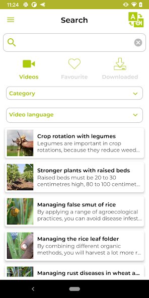 Access Agriculture mobile app showing multilingual agricultural training videos