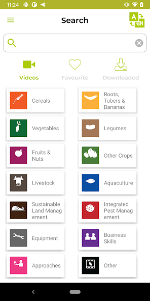 Access Agriculture app search screen showing categories and language-based video discovery