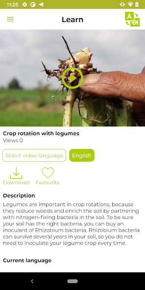Access Agriculture mobile video detail screen with language, download, favourite, and description controls