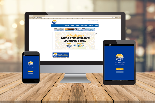 Public Service Request branded service request portal shown across desktop, tablet, and mobile devices
